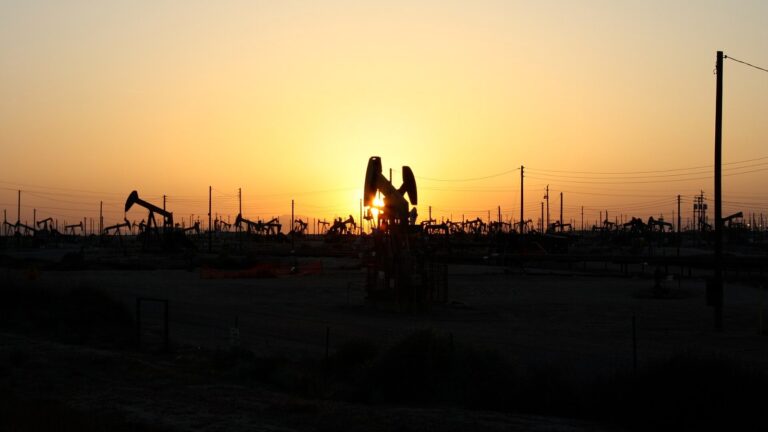 Oil pumpjacks at sunset