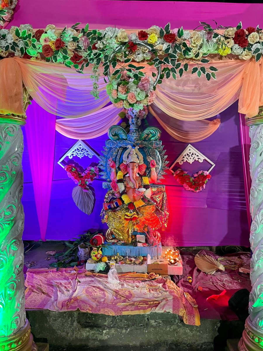A Ganesha idol at a community pandal during Ganesh Chaturthi