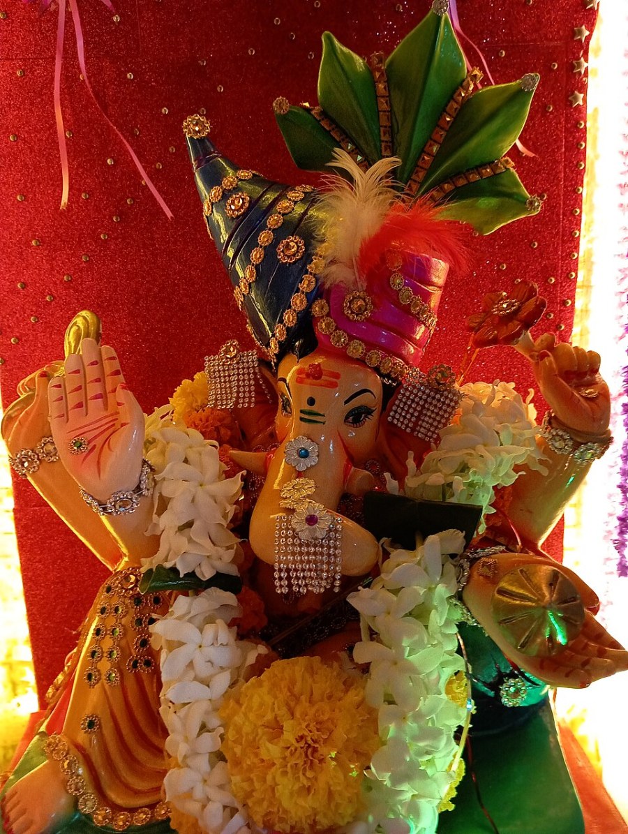 A decorated Ganesh idol during Ganesh Chaturthi puja
